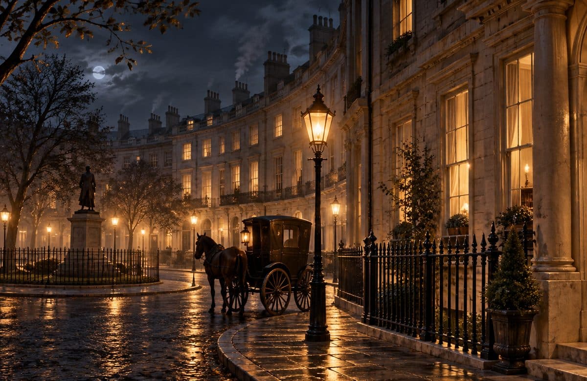 A curved terrace of grand stone houses around a London square at night, a carriage waiting under a gas lamp.