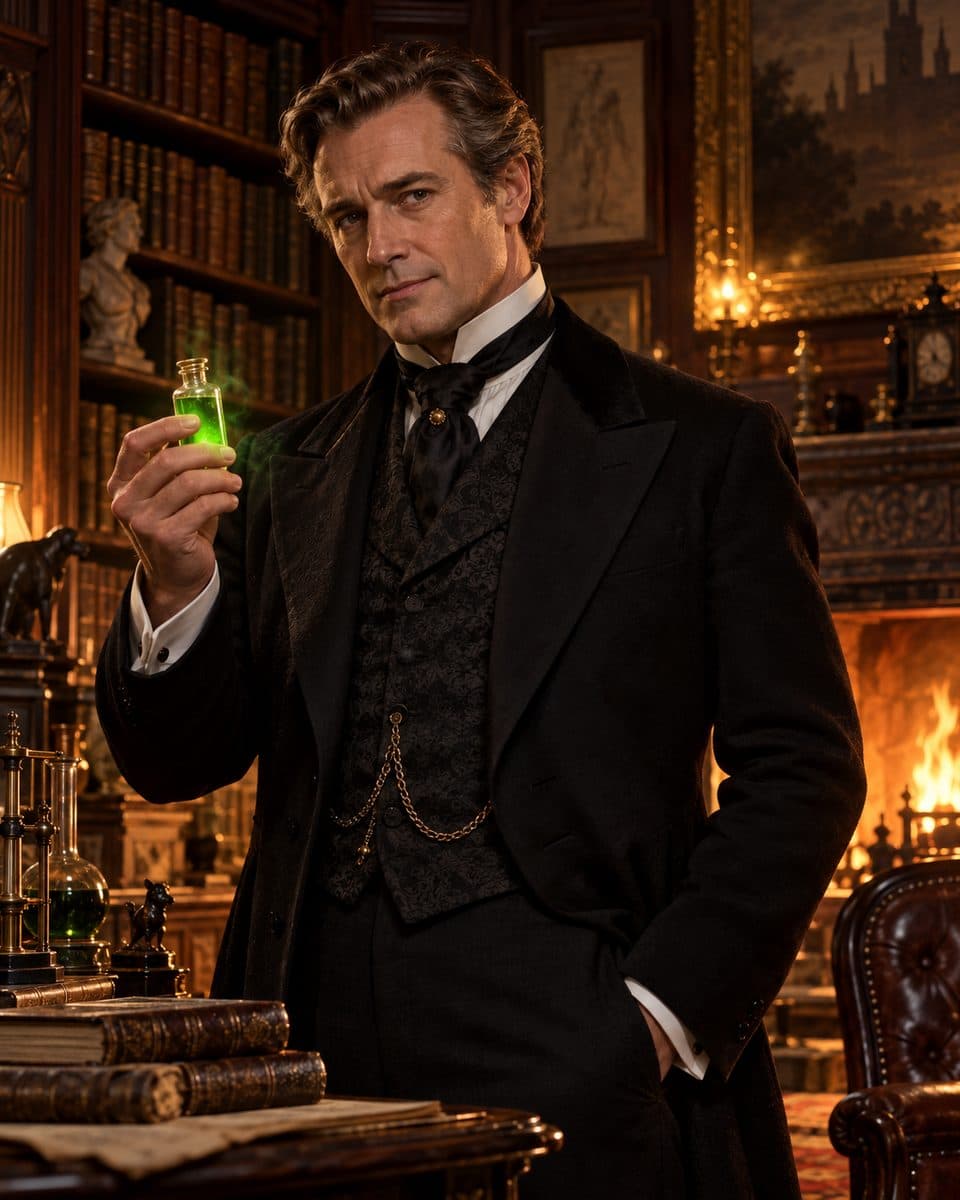 Portrait of Dr. Henry Jekyll: a well-made, smooth-faced gentleman in a dark frock coat, holding a phial of green liquid in his firelit study.