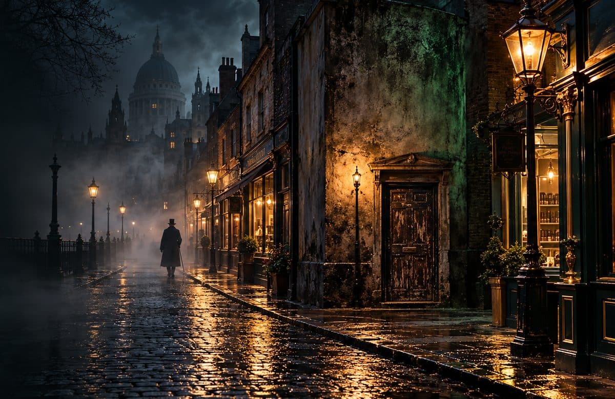 A battered, stained door in a blind wall on a gaslit street of shops, a lone figure in a top hat walking away into the fog.