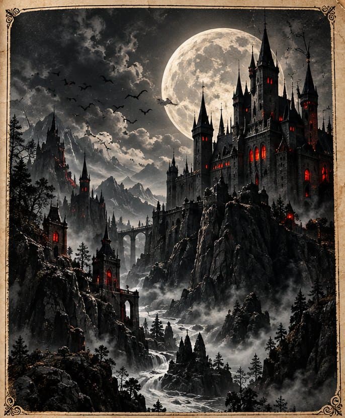 Frontispiece: an engraving-style castle above a misty gorge under a full moon, its windows lit red