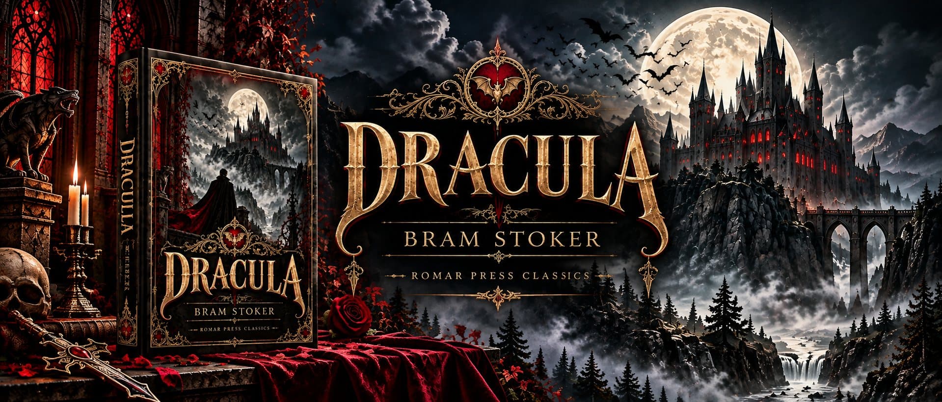 Dracula by Bram Stoker, ROMAR Press Classics: the book beside a candle and a skull on red velvet, and a castle on a crag under a full moon