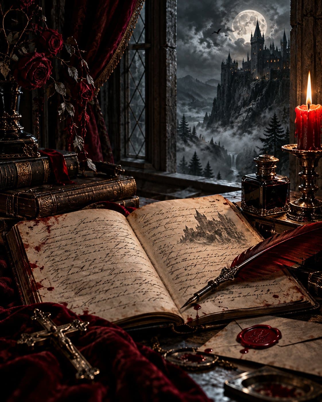 An open handwritten journal with a red quill, a candle, a crucifix and a sealed letter on a desk, the castle under a full moon through the window