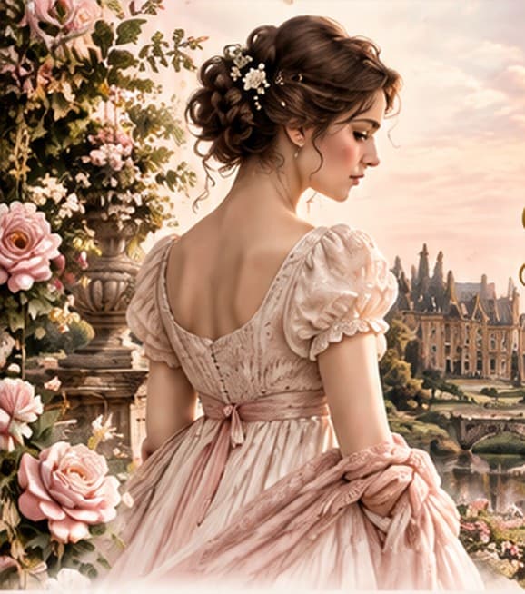 A young woman in a blush Regency gown, seen from behind among pink roses, looking toward a country house across the water